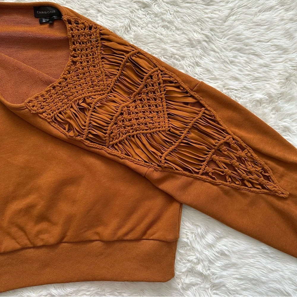 Carbon38 Sweatshirt Macrame Shoulder Pullover Long Sleeve Caramel Cafe XS - Picture 8 of 14